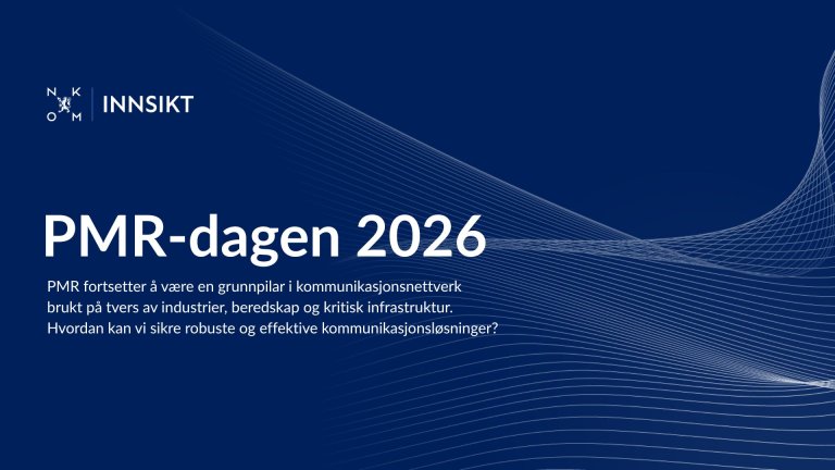 Arrangementbilde med teksten "PMR-dagen 2026" som hovedskrift og "PMR fortsetter å være en grunnpilar i kommunikasjonsnettverk brukt på tvers av industrier, beredskap og kritisk infrastruktur. Hvordan kan vi sikre robuste og effektive kommunikasjonsløsninger?" som undertittel