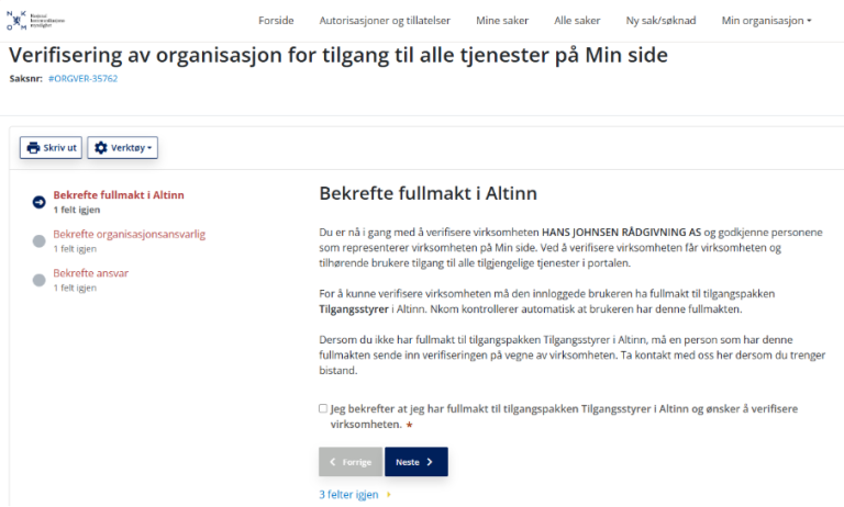 Et bilde av Nkoms "min side"-funksjon for verifisering av organisasjon
